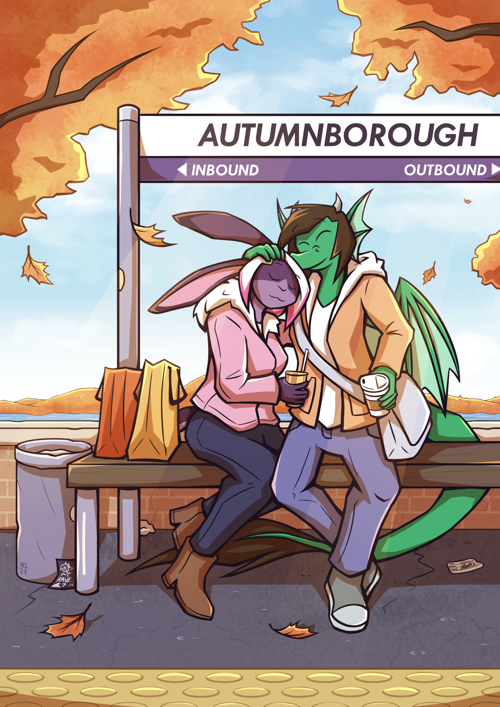 jade and iri sitting and waiting at a train station in fall
